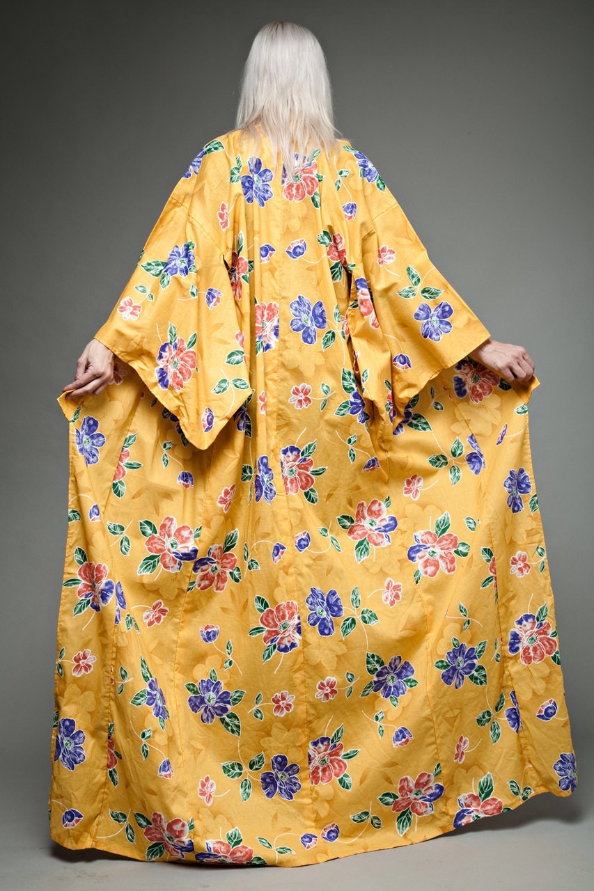 authentic kimono Japan Japanese yellow floral painted batik