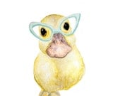 Funky Duckling - Yellow Spring Duckling with Mint Green Cat Eye Glasses Original Watercolor Art Print 5x7