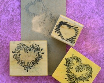 Rubber Stamps Set of 3 - vintage stamping, wood, rubber, hearts, shabby, printing supply