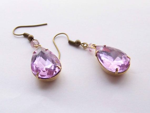 Items similar to Lavender Purple Glass Stone Brass Earrrings on Etsy
