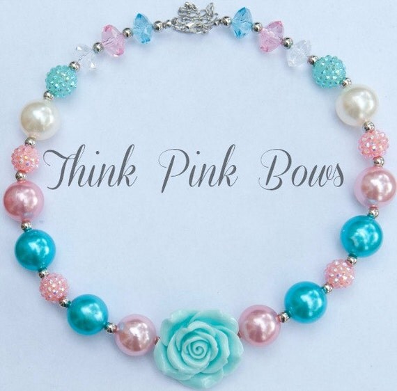 Girls Chunky Necklace, Girls Bubblegum Chunky Necklace, pink and Aqua Chunky necklace,Girls Bubble Gum Bead Necklace,Children Necklace. by ThinkPinkBows