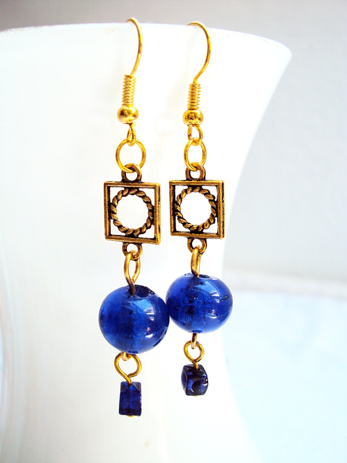 Indie Dangle Earrings Glass Bead Earrings Blue and Gold Bohemian ...