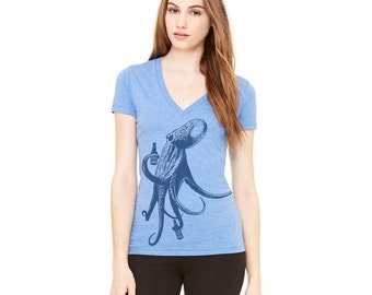 Beer Drinking Octopus Shirt, Craft Beer Shirt, Spirit Animal, Graphic Tee - Womens V-Neck Triblend, Great Beach Shirt, Coastal, Beer Girl