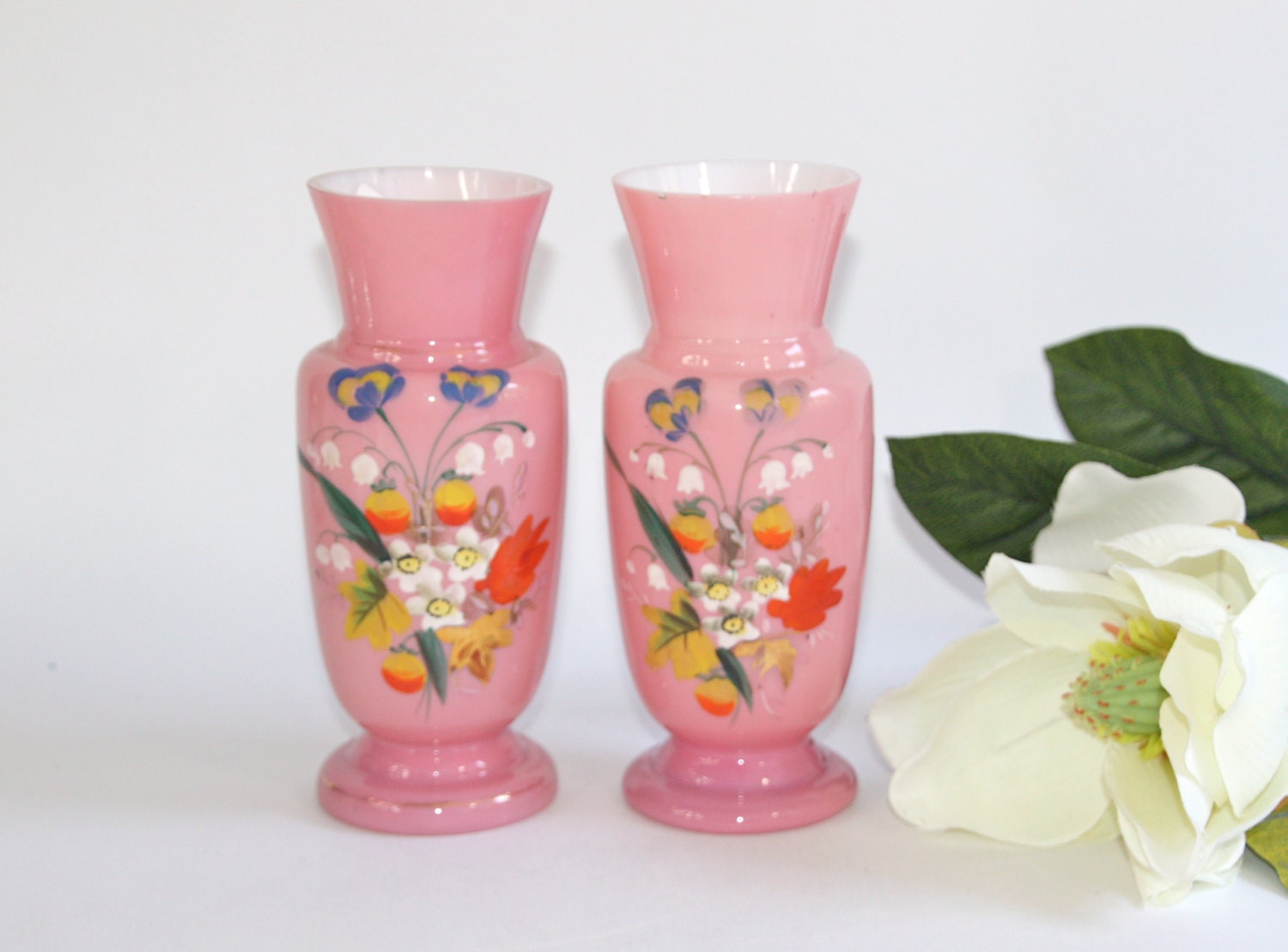 Vintage Pink Milk Glass Vase / Matched Pair / Victorian Era