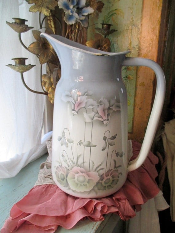 Antique Vintage FRENCH Enamel Enamelware LARGE Pitcher