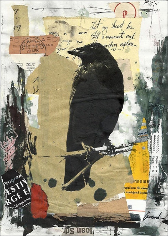 Print Art canvas Collage drawing Mixed Media Art Painting bird nature Illustration Gift Raven Crow Autographed Emanuel M Ologeanu home decor