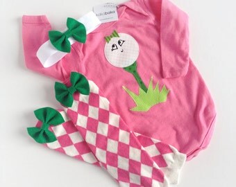 Girl Golf One PIece Little Caddy with argyle baby leg warmers and headband with bow
