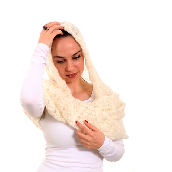 Infinity Hooded Hood Scarf Lace Knitted White  lace Scarf, with hooded Hand  scarf Mohair