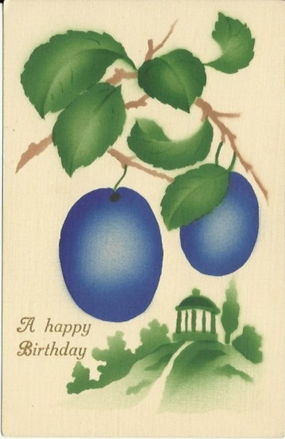 Antique Postcard Purple Plums & Gazebo Stenciled Airbrushed Art Greeting Card "A Happy Birthday" Germany 1910s