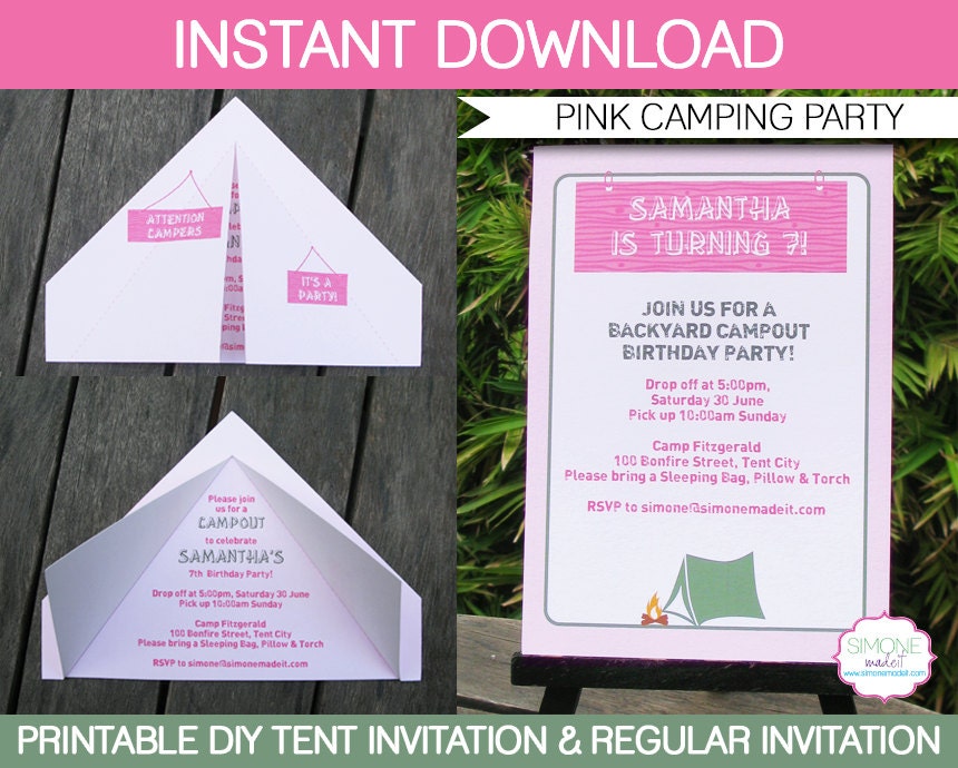 Camping Tent Invitation Template Birthday Party Pink Girls