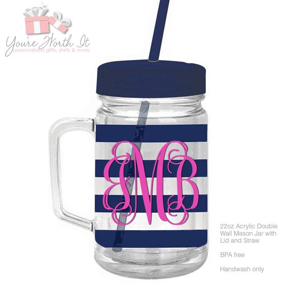 Monogrammed Mason Jar Striped Personalized Acrylic Tumbler 2737