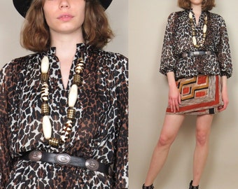 SALE vintage 80s leopard sheer boho blouse / dress shirt / mod / rock top / disco