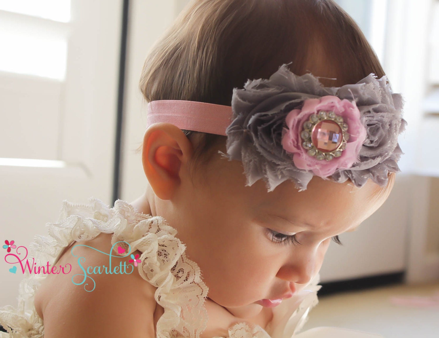 30% off entire order.. Baby headband...Gray rosette rhinestone flower's on ivory headband, newborn headband, flower headband