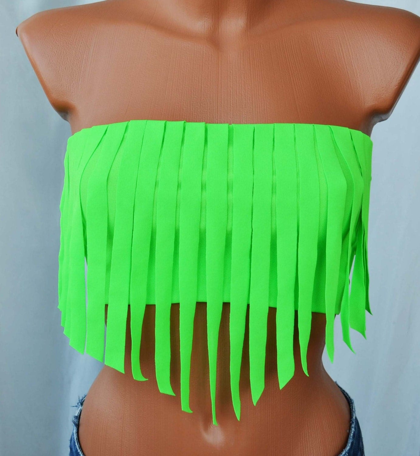 Neon Green Fringe Spandex Bra Top Bikini Top Neon Fringes Sexy