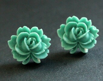 Turquoise Lotus Flower Earrings. Light Teal Lotus Earrings. Silver Post Earrings. Turquoise Earrings. Stud Earrings. Handmade Jewelry.