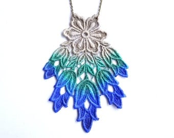 Lace Statement Necklace in Blue and Green Ombre