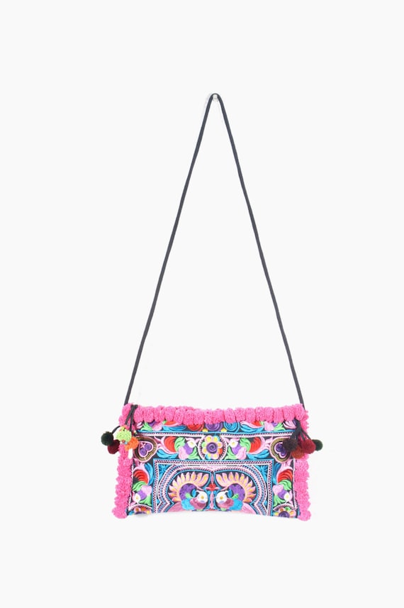 pom crossbody backpack pom Pink Fabric Body Embroidered Pom Cross Hmong Handmade Pom Purse Bag