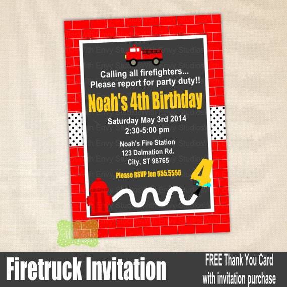 Firetruck Party Invitation, Firetruck Birthday Party Invitation, Fireman Invitation, Firetruck Printable Invitation Il_570xn