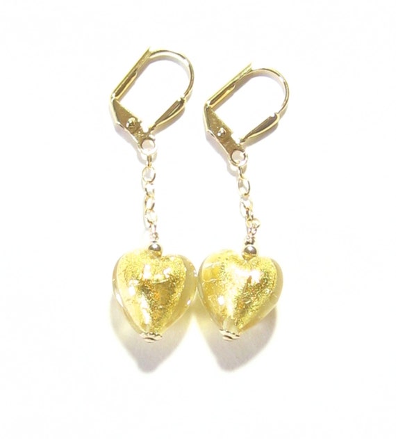 Venetian Glass Clear Gold Heart Earrings Italian Jewelry