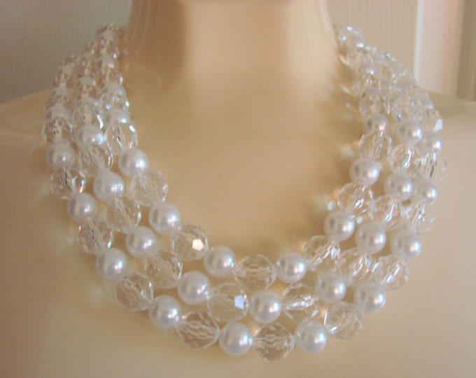 50s Vintage Bead Bib Necklace / Lucite / Crystal / Faux Pearl / Three Strands / Vintage Jewelry