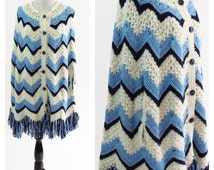 Poncho Tricot/crochet Vintage à Franges - Motif Chevron Space Dye - Taille Unique - Occasion Très Bon état