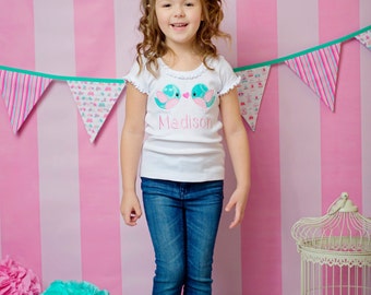 Valentine Shirt. Personalized Embroidered Shirt. Light Pink and Aqua Lovey Dovey Love Birds. First Valentines, First Birthday Shirt/Bodysuit