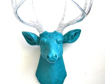 DARK TURQUOISE with Silver Antlers Faux Taxidermy Deer Head wall mount wall hanging home decor: Deerman the Deer Head