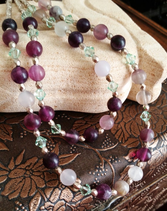 Multi Strand Purple Fluorite Necklace, Swarovski and Gemstone Jewelry, Purple and Green Necklace