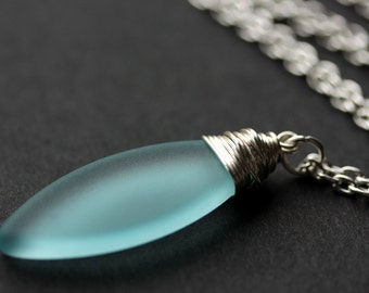 Aqua Seaglass Necklace. Pale Aqua Necklace. Aqua Blue Frosted Glass Necklace. Marquis Necklace in Silver. Handmade Jewelry.