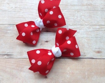 Adorable red polka dot pigtail bows, red polka dot bows, toddler bows, pigtail bows, baby bows, girls hair bows, red hair bows