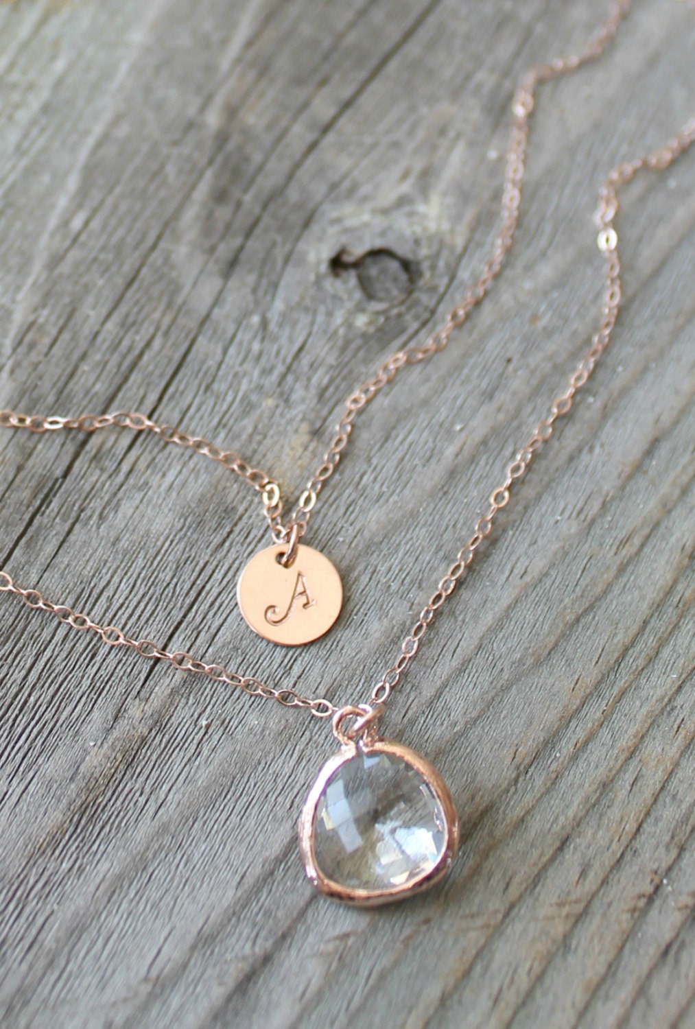 14k Rose gold filled Layered Initial Necklace faceted crystal