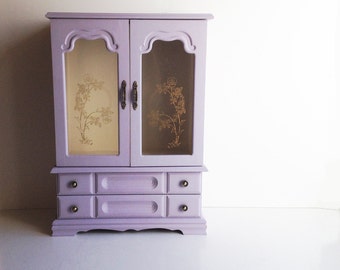 Vintage Wood Jewelry Case Upcycled / Painted Jewelry Cabinet / African Violet / Shabby Chic Decor / Trinket Box / Jewelry Display Case