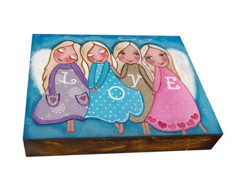 Folk Art Painting, Love, Print on Wood 3.5 x 4.7 inch, Mixed Media, Wall Decore by Evona