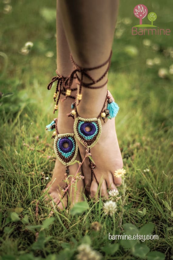 Barefoot Sandals Tribal Peacock Czech Beads Crochet Foot Jewelry Hippie Festival Wear Yoga Beach Boho Anklet Destination wedding shoes