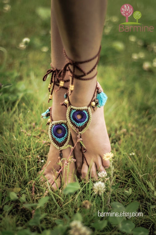 Barefoot Sandals Tribal Peacock Czech Beads Crochet by barmine