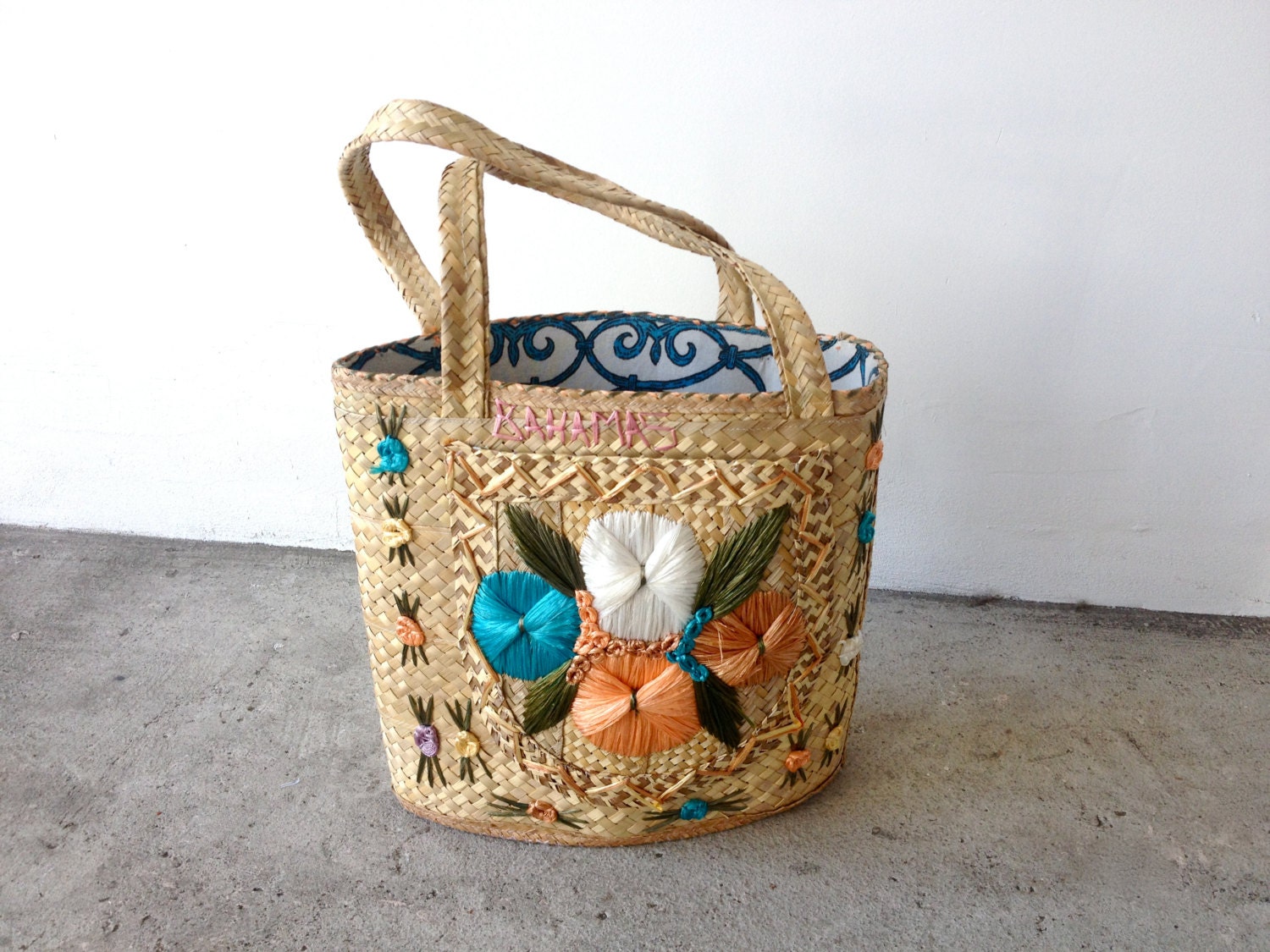 60's Woven Straw 'Bahamas' Tote Bag // Embroidered