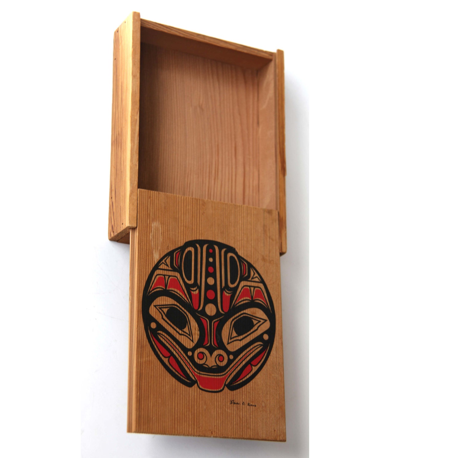 Signed Steven C Evans Alaska Native American Inuit Art Wood Box in Cedar Wood Painted Face