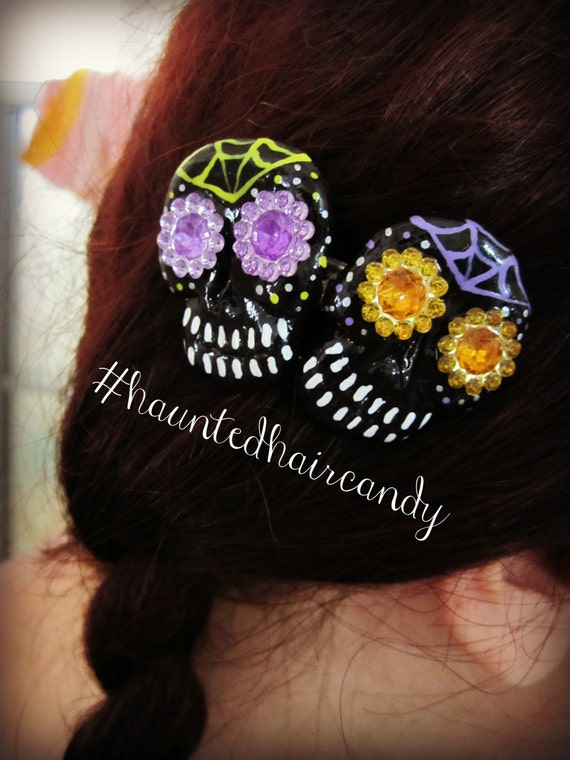 Hand Painted Skull Duo Haunted Hair Candy Clip Sugar skulls Day of the dead