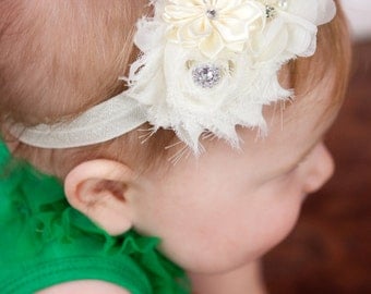 Ivory Baby headband, newborn girl fancy satin fabric headband, cream christening