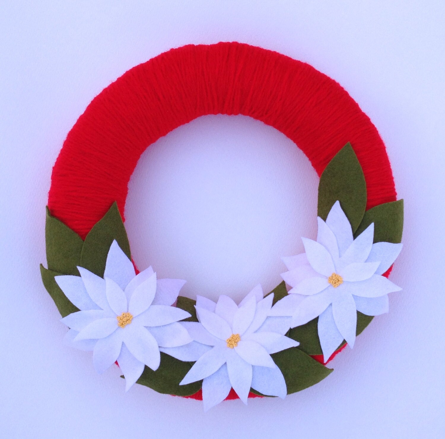 Red and White Poinsettia Yarn Wrapped Christmas Wreath