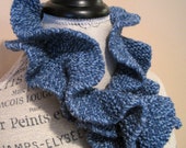 Hand Knit Women's Blue Ruffle Scarf All Merino Wool, Collar, Potato Chip Scarf, Wavy Design, Denim Blue, Luxury Gift,  Women's Scarf