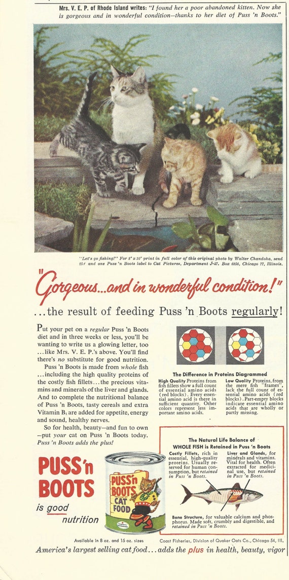 Puss 'n Boots Cat Food Original 1957 Vintage Ad by VintageAdarama