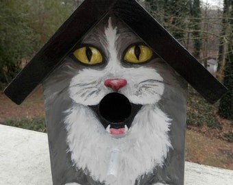BIRD HOUSE - Birdhouse Handpainted Wood Custom Made for the Cat Lover