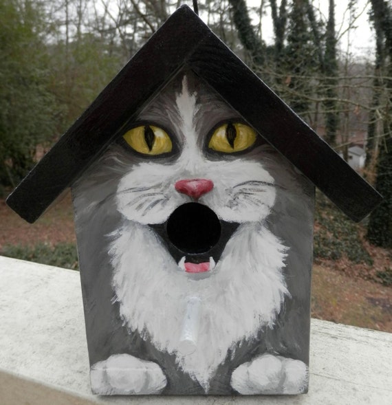 Bird House Hand Painted Custom Gray Tuxedo Cat Design Wood