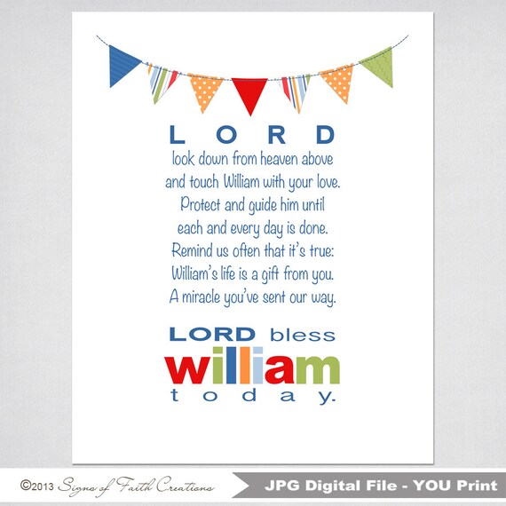 Personalized Boys Prayer with Bunting PRINTABLE DIGITAL FILE