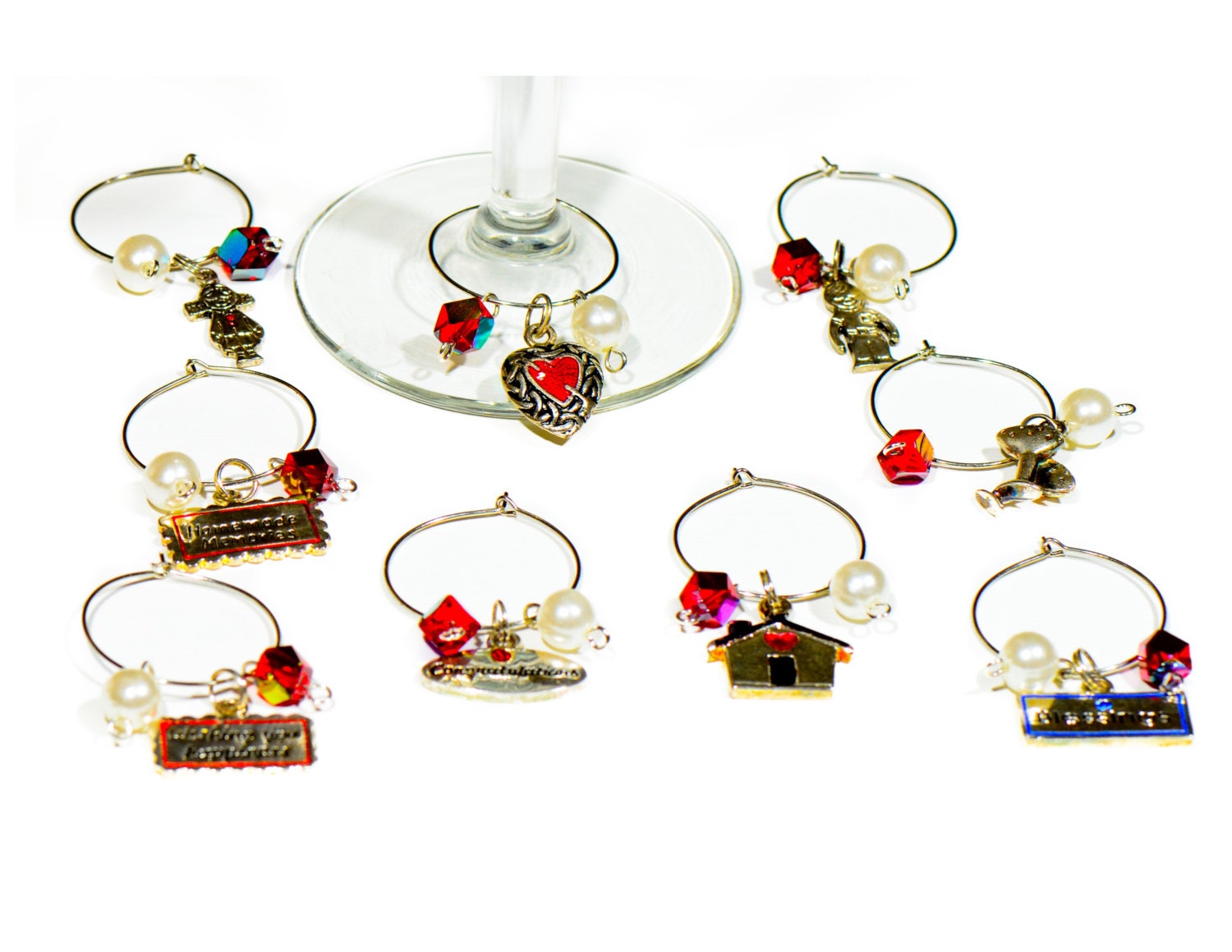 Wine charms drink glass markers tags set of 9 beaded