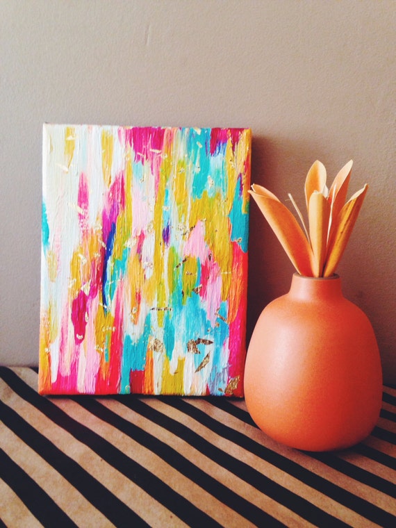 Original abstract art painting on canvas with gold foil 5.5x7 inch