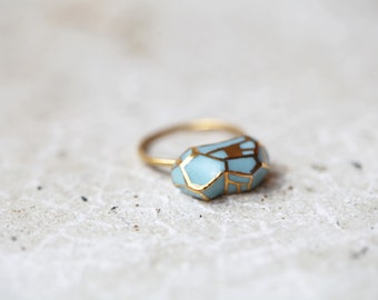 NEW COLLECTION Loire, porcelain ring, glazed and painted with gold , one of a kind (OOAK), made with a vermeil ring