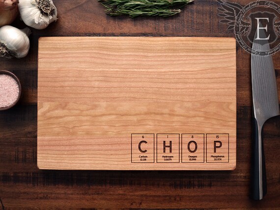 Periodic Table Element Tiles Custom Engraved Wood Cutting Board - CHOP, CHEF, BACON - Science Teacher Christmas Gift, Chemistry Art