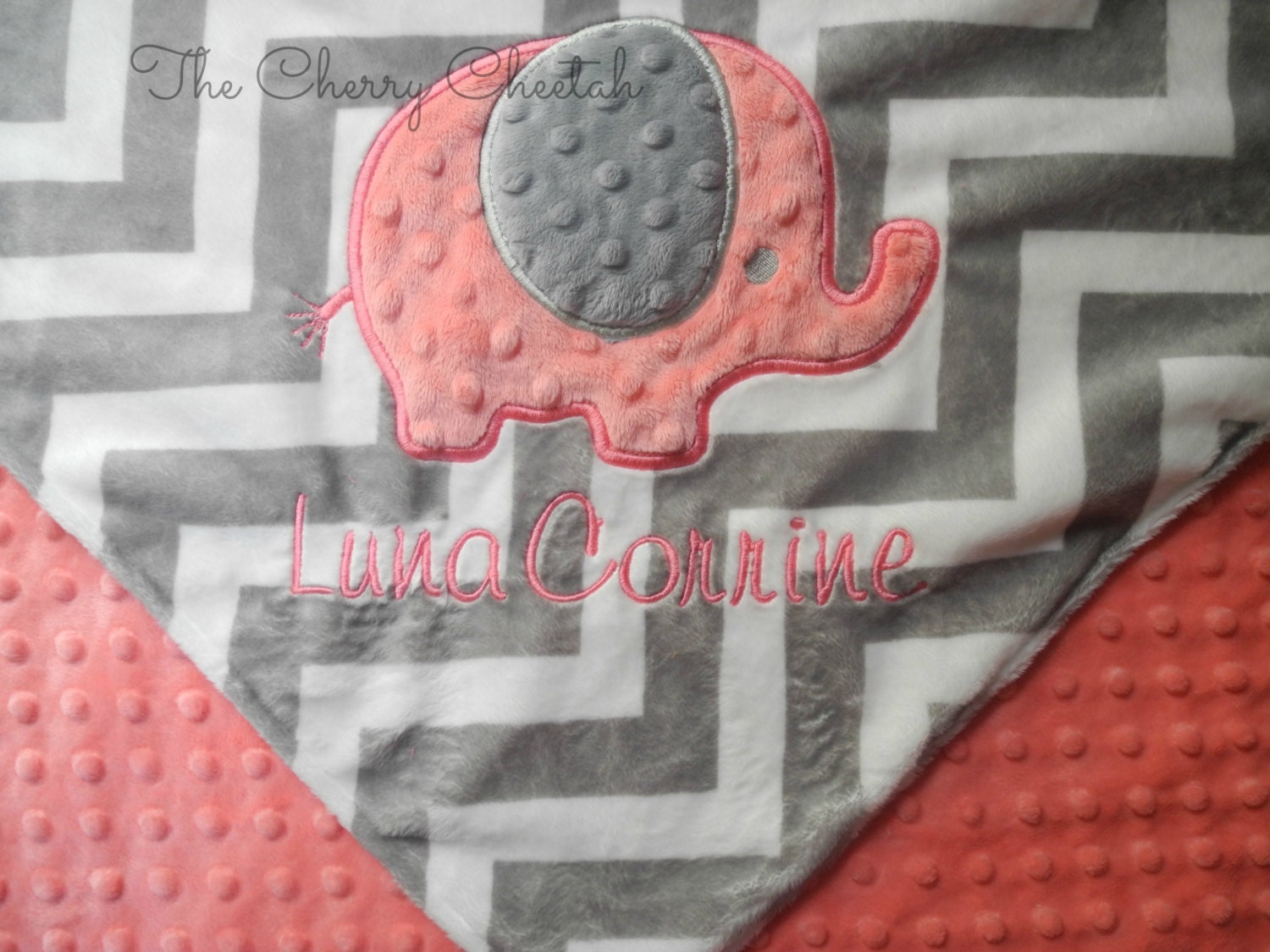 Personalized Baby Blanket Elephant on Grey Chevron Minky Baby